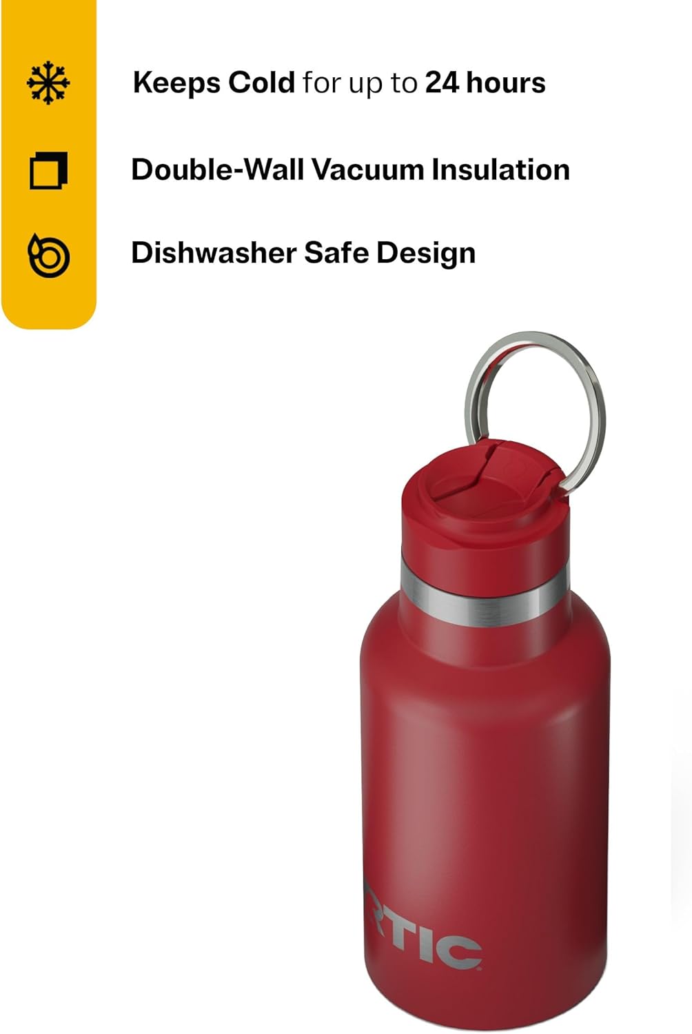 RTIC Little Journey Bottle with Straw, Insulated, Stainless Steel, Metal, Double Wall Vacuum-Insulation, Ceramic-Lined, Leak-Proof Lid, BPA-Free Water Flask for Sports, Travel, Flag Red