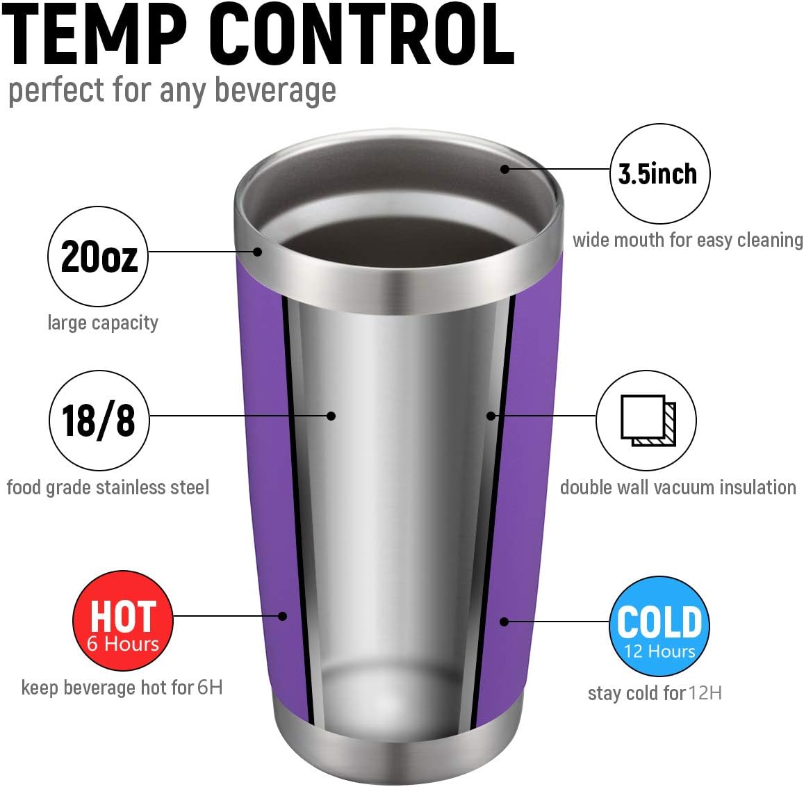 COMOOO 20oz Double Wall Vacuum Insulated Travel Mug, Stainless Steel Tumbler with Lid and Straw for Women Durable Powder Coated Insulated Coffee Cup for Cold & Hot Drinks(Purple, 1 Pack)
