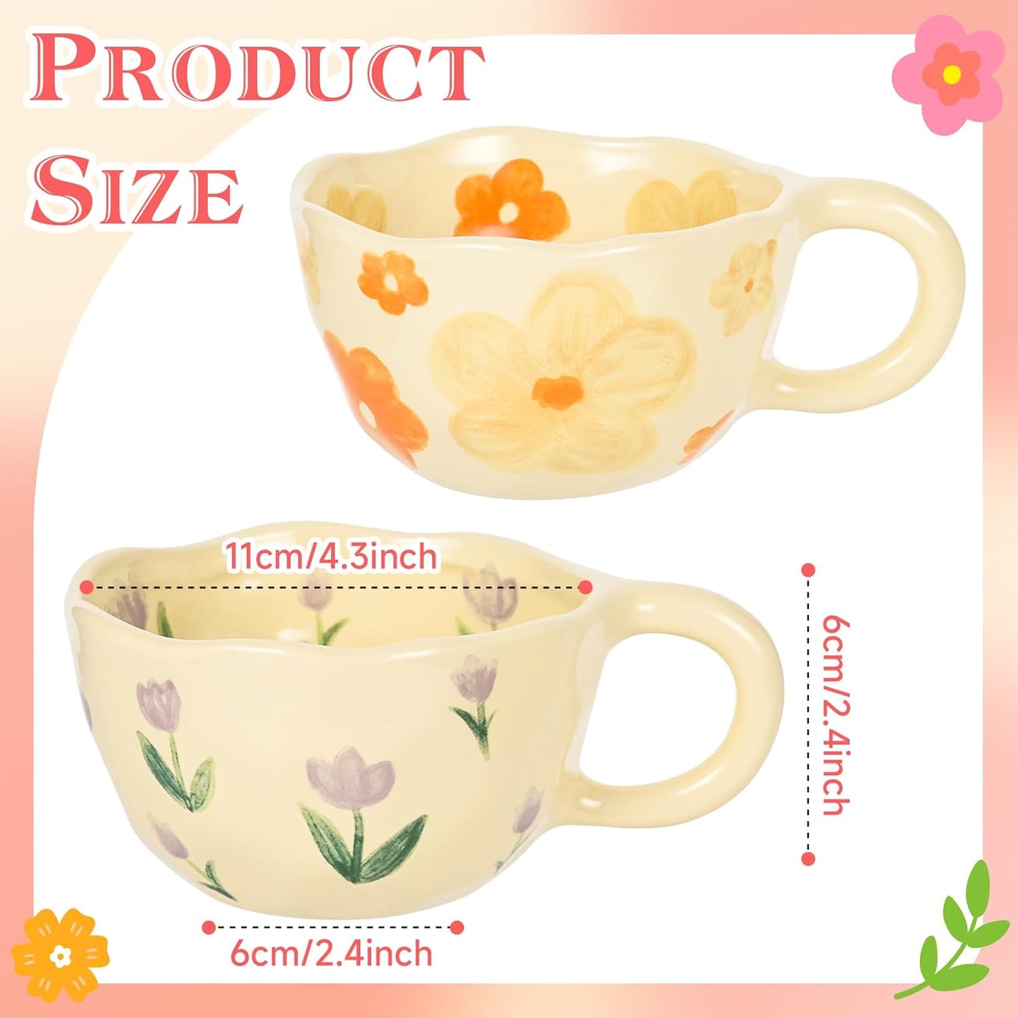 Cute Coffee Mug Set of 2 Vintage Flower Mugs 8 oz Ceramic Floral Coffee Mugs Irregular Latte Art Cup Lead-free Porcelain Cups for Cappuccino, Cocoa (Orange Flowers and Purple Tulips)
