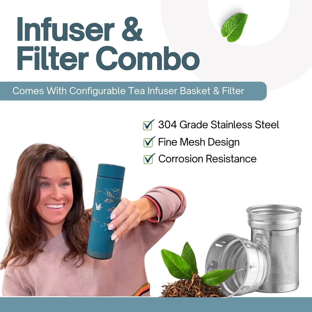 Farasi Tea Infuser for Loose Leaf Tea Smart Water Bottle with Fahrenheit Temperature Display, Stainless Steel, Insulated Coffee and Fruit Tea Infuser Bottle - Black Floral Tea Mug 15 oz