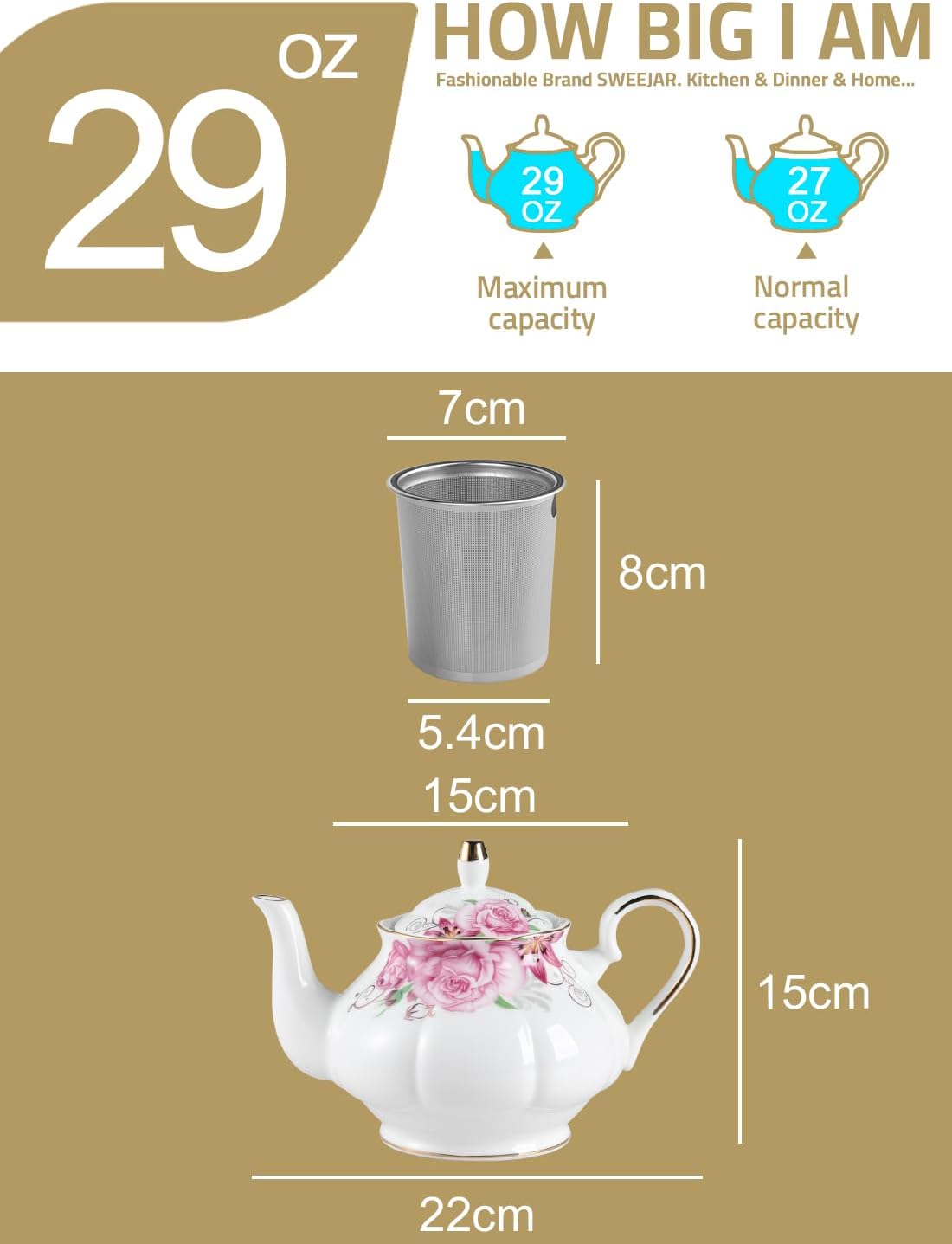 Sweejar Ceramic Teapot with Infuser, Floral Relief Gold Rimmed Teapot, 29 OZ Porcelain Tea Pot for Blooming and Loose Tea, Coffee...(Pink Flower)