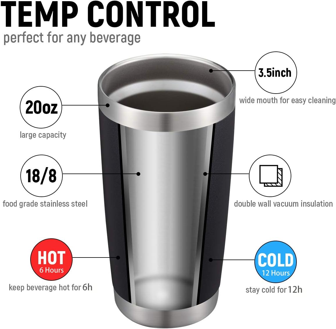 COMOOO 20oz/8Pack Black Tumbler Double Wall Vacuum Insulated Coffee Travel Mug Stainless Steel Tumbler with Lid and Straw Coffee Cup for Cold Drinks & Hot Beverage, Home and Outdoor (Black, 8 Pack)