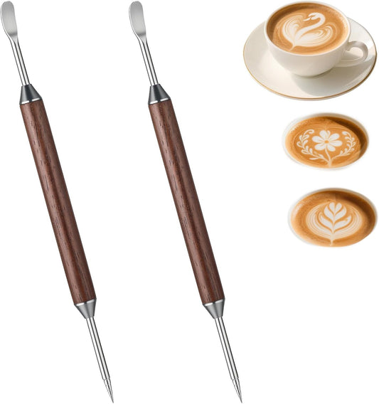 2pcs Latte Art Pen, Double-Ended Stainless Steel Barista Tools with Black Wood Handle, Professional Coffee Art Pen for Home Cafe Espresso Designs, Barista Accessories