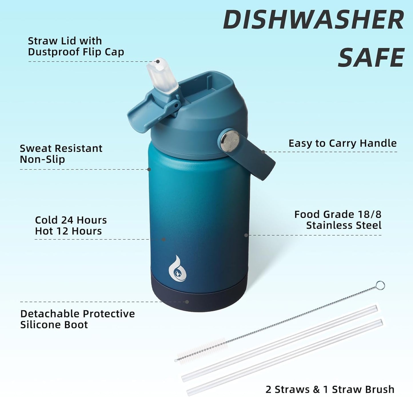 BJPKPK Insulated Water Bottle with Straw Lid, 12oz Thermos Water Bottles with Soft Nozzle, Flex Handle & Non-slip Boot, BPA Free Leak Proof Stainless Steel Metal Thermos, Tumblers, Cups,Vast