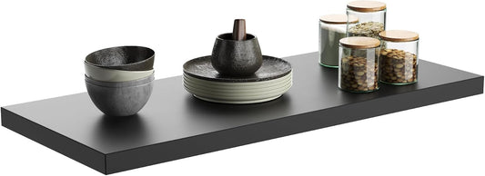 Wall Shelf Set of 1, Black Floating Shelves 24 in W x 10 in D x 1 in H, Wooden Floating Wall Shelf with Invisible Brackets for Living Room/Bedroom/Bathroom/Kitchen Storage and Decor