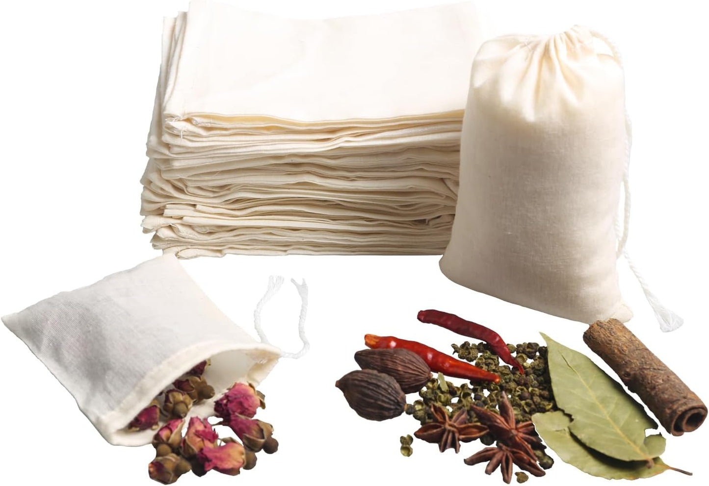 Eketirry Spice Bags, 10pcs Reusable Empty Tea Bags, Muslin Strainer Bags, Soup Bags for Cooking, Natural Cotton Fine Mesh Cheesecloth Bags for Cold Brew Coffee(5 x6.3Inch)