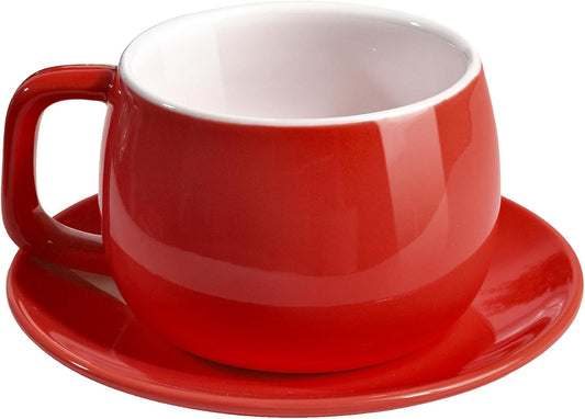 Porcelain Coffee Cup with Saucer 270ml/9oz, Minimalist Design, Perfect for Latte, Cappuccino, and Tea, Red