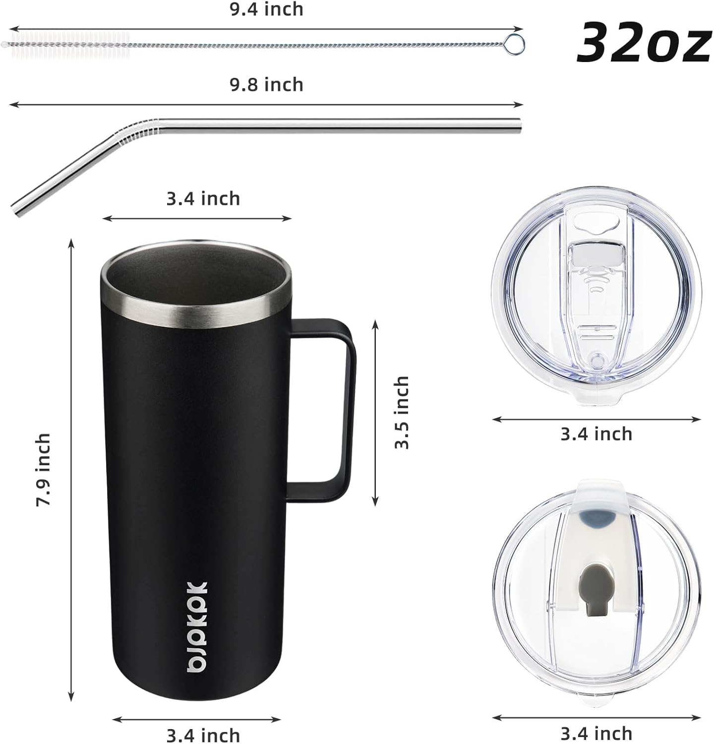 BJPKPK Insulated Coffee Mug with 2 Lids, 32oz Stainless Steel Insulated Tumbler with Handle, Double Wall Vacuum Coffee Cups, BPA Free Travel Mug for Coffee, Tea and Drinks, Black