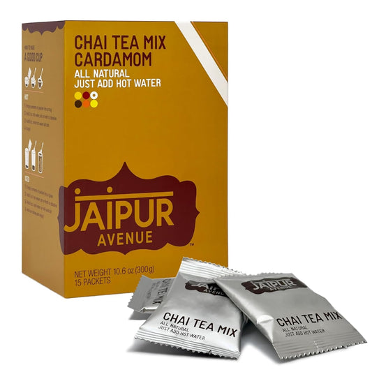 Jaipur Avenue Cardamom Chai Tea Mix Crafted with All-Natural Assam Black Tea, Cardamom, Cane Sugar, and Premium Dry Milk - Preservative-Free, Gluten-Free, Authentic Indian Chai Tea Latte (15 Servings)