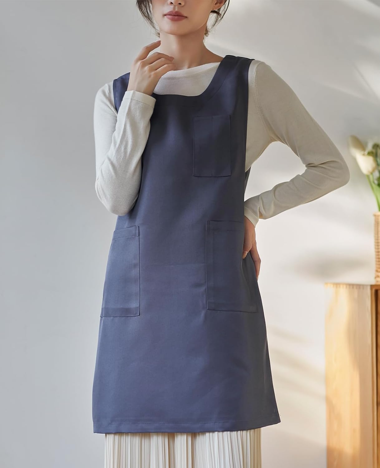 Women Cobbler Apron Japanese Style Aprons with 3 Pockets for Work Chef Kitchen