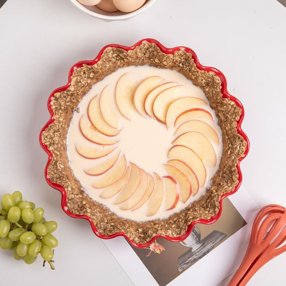 Sweejar Ceramic 11.5 Inches Pie Pan for Baking, Deep and Fluted Porcelain Round Pie Dish, Non-Stick Pie Plate for Pumpkin Pie, Apple Pie, Pie Pots with Morden Farmhouse Design(Red)