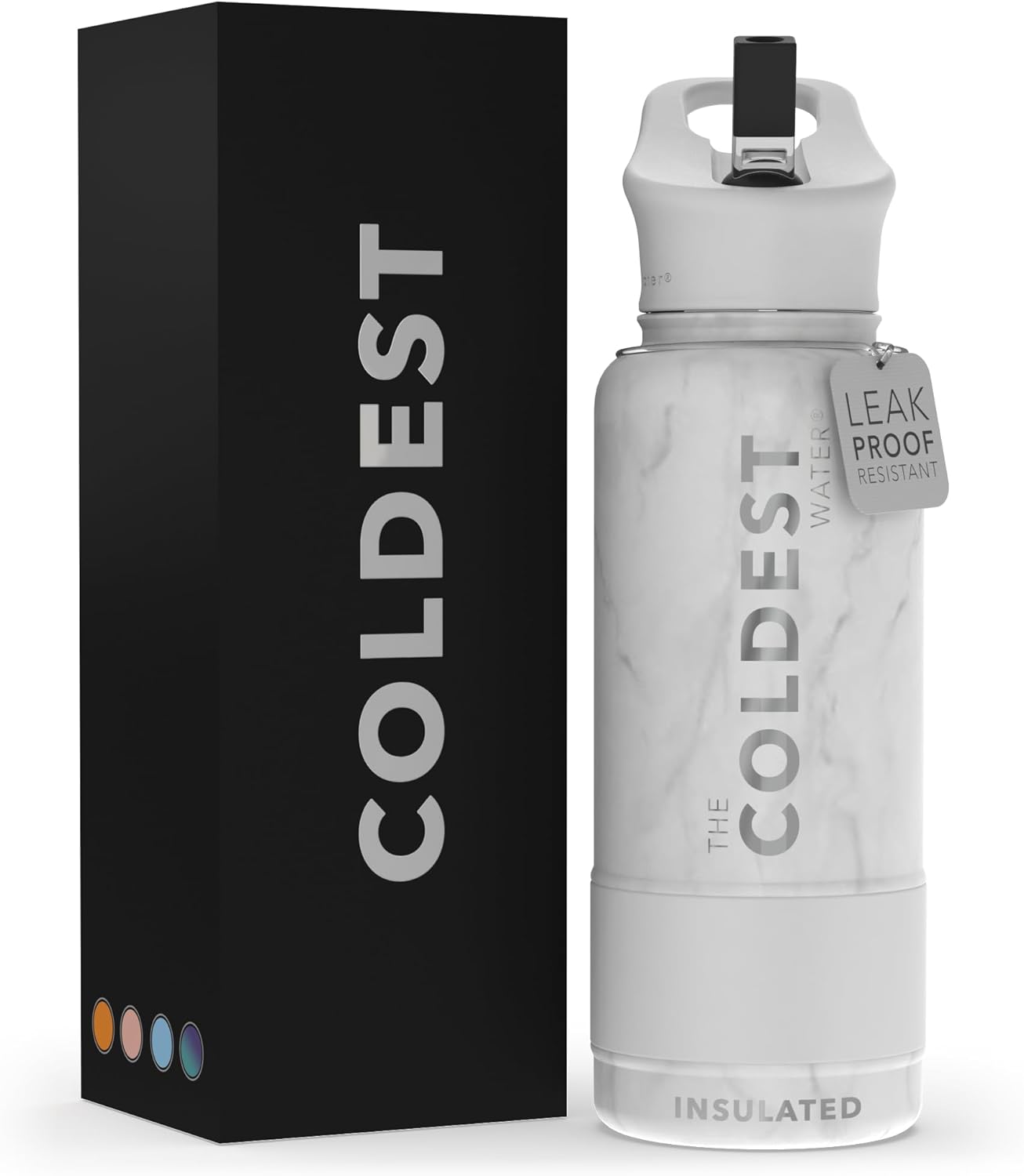 Coldest Insulated Water Bottle with Straw Lid - Stainless Steel Metal Insulated Bottle for Men & Women (Marble White, 32 oz)