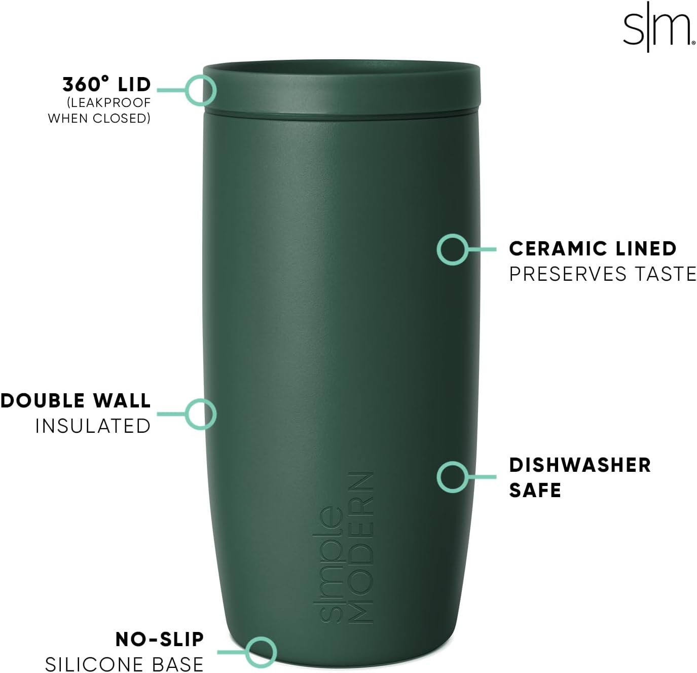 Simple Modern Travel Coffee Mug Tumbler with 360° Lid | Ceramic-Lined Insulated Stainless Steel Cold Brew Iced Coffee Cup Thermos | Gifts for Women Men Her Him | Voyager Signature | 16oz | Forest