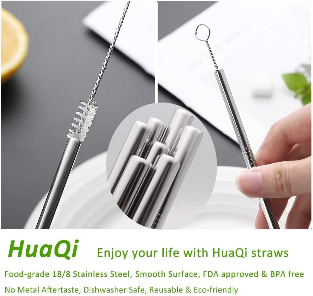 Set of 10 Stainless Steel Straws, HuaQi Bent Reusable Drinking Straws 10.5'' Long 0.24‘’ Dia for 30 oz Tumbler and 20 oz Tumbler, 2 Cleaning Brush Included (10 Bent Staw + 2 Brushes）