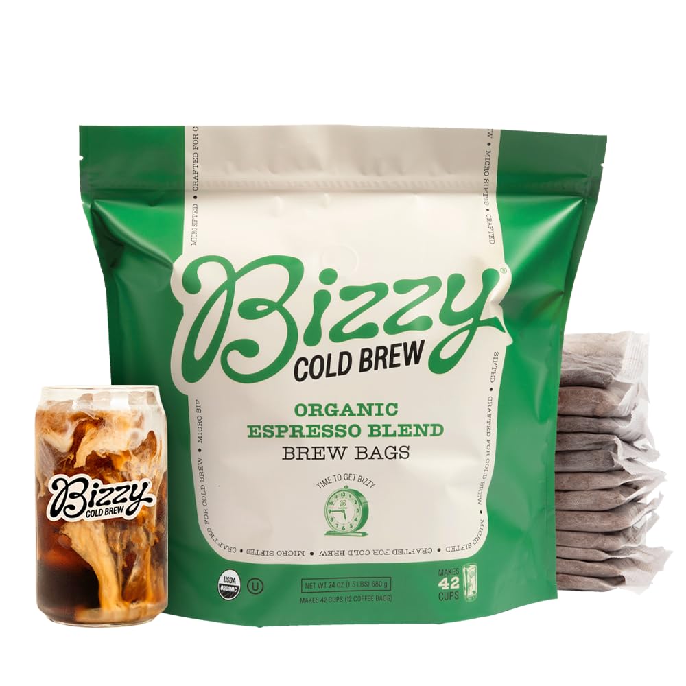 Bizzy Organic Cold Brew Coffee | Espresso Blend | Coarse Ground Coffee | Medium-Dark Roast | Micro Sifted | Specialty Grade | 100% Arabica | Brew Bags | 12 Count | Makes 42 Cups