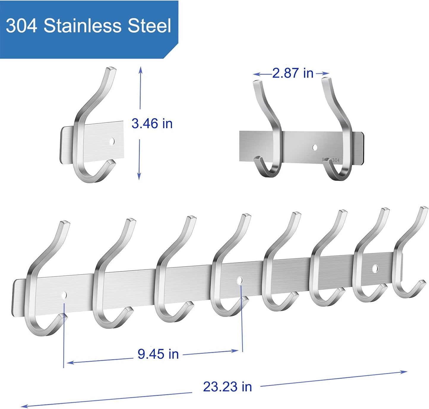 Wall Hooks Heavy Duty, 23 Inch Coat Rack Wall Mount with 8 Hooks, Silver Wall Hooks for Hanging Backpack, Bag, Purse, Clothes, Hat, Coat, Towel | Entryway & Bathroom Storage Organization Hanger