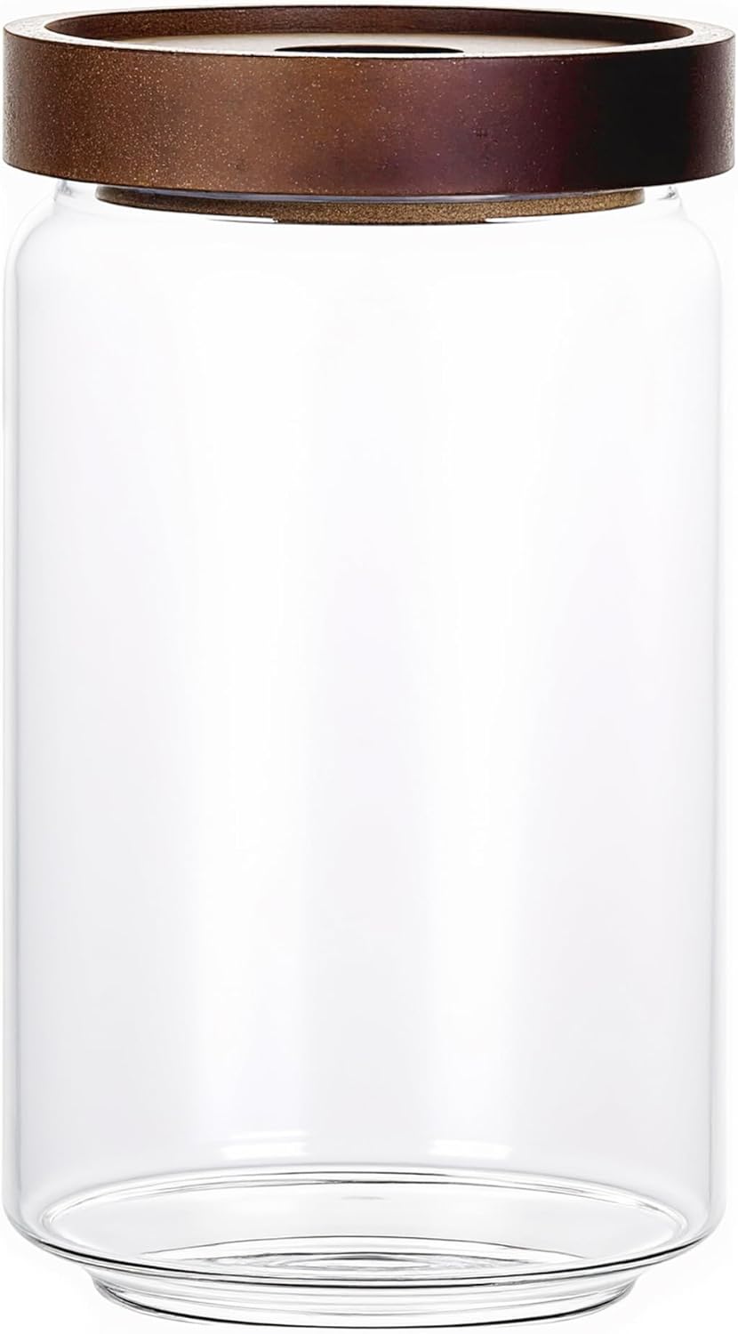 720ML/24Oz Clear Cute Glass Storage Canister Holder with Stackable Airtight Wood Lid, Modern Decorative Container Jar for Coffee, Spice, Candy, Salt, Cookie, Condiment, Pepper, Sugar