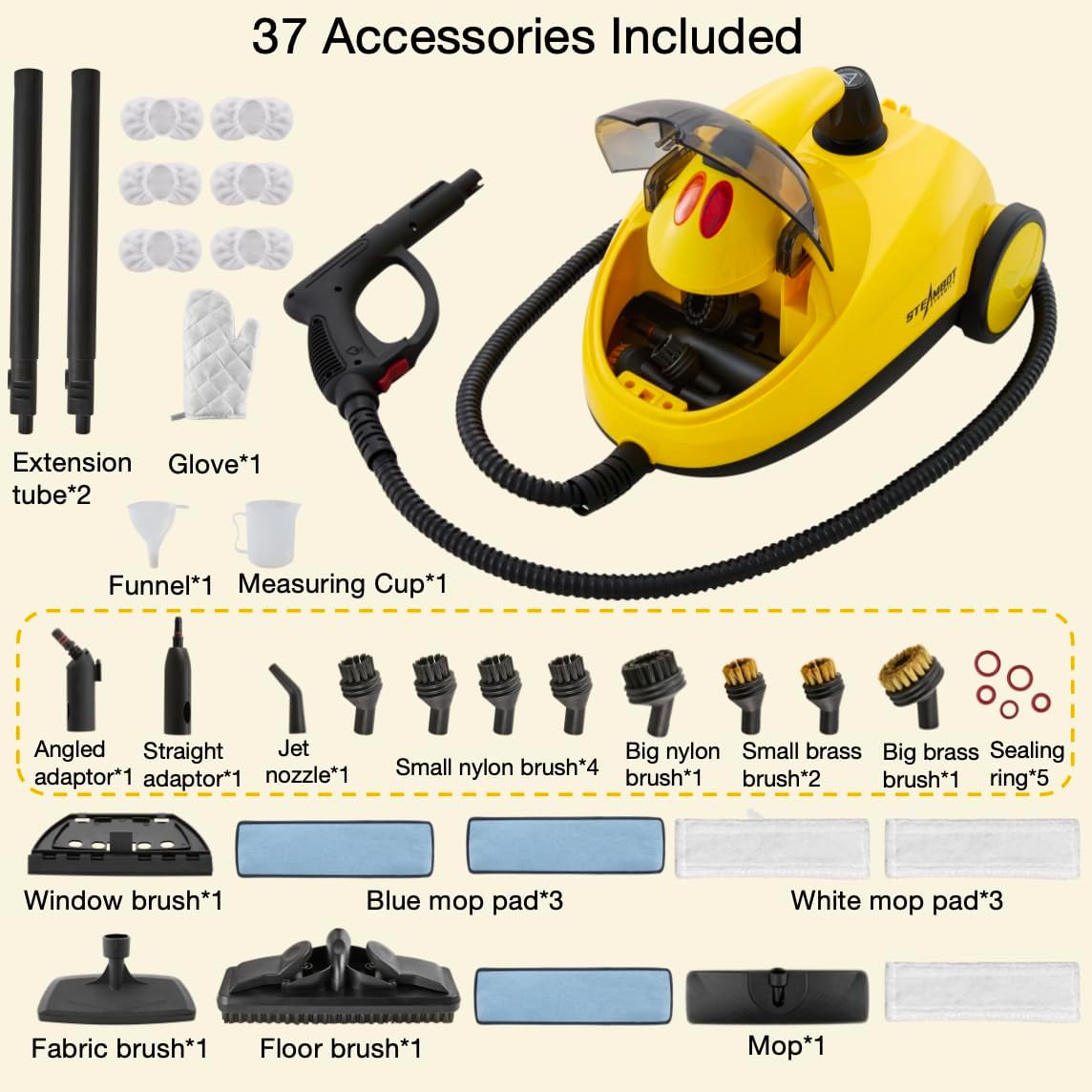 37-in-1 Steam Cleaner mop for Home & Car, 2L Water Tank, 4.3ft Hose, Deep Steam Cleaning for Floors, Tiles, Grout, Windows, Kitchen, Living Room – Multi-Surface Steamer