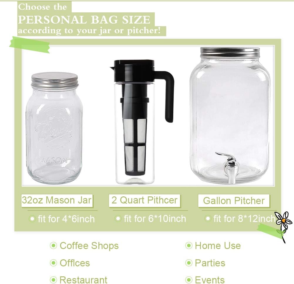 YQL Cold Brew Coffee Filter Bags, 8X12 Inch 50PCS No Mess Cold Brew Coffee Filters Disposable Mesh Brewing Bags Tea Filter Bag For Cold Brew Coffee or Tea(4x6/6x10inch Available)