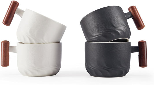 6oz Ceramic Espresso Cups with Wooden Handle, Small Coffee Cups for Latte Cappuccino, Tea Cups Set of 4