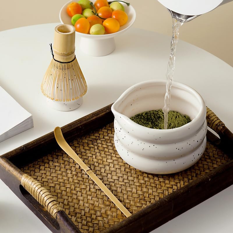 7-piece matcha kit includes matcha bowl. white speckled matcha tea set with bamboo whisk -, sifter, scoop, stainless steel filter, tea caddy, cloth & gift box - for matcha green (4)