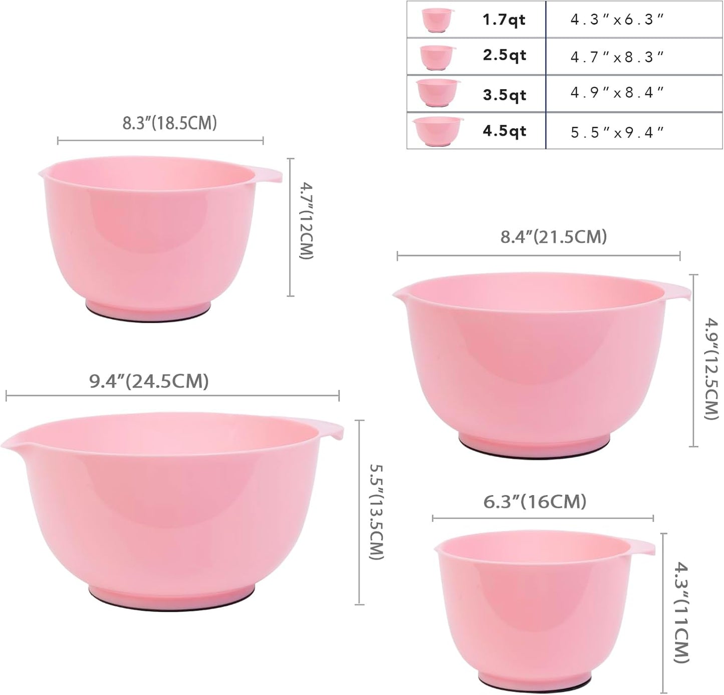 BoxedHome 4 Quart Large Plastic Mixing Bowls, Microwave Safe Mixing Bowl Set with Pour Spout, Nesting Bowls for Space Saving Storage(Fading Rose)