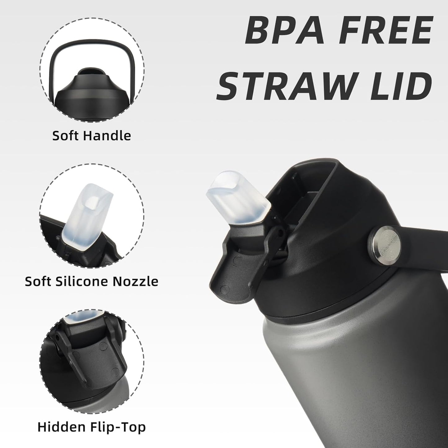 BJPKPK Water Bottle with Straw Lid, 24oz Vacuum Insulated Water Bottles, Metal Stainless Steel Thermos for Sports, Travel, BPA Free Leak Proof Thermos, Cups, Flasks, Tumblers,Black Grey