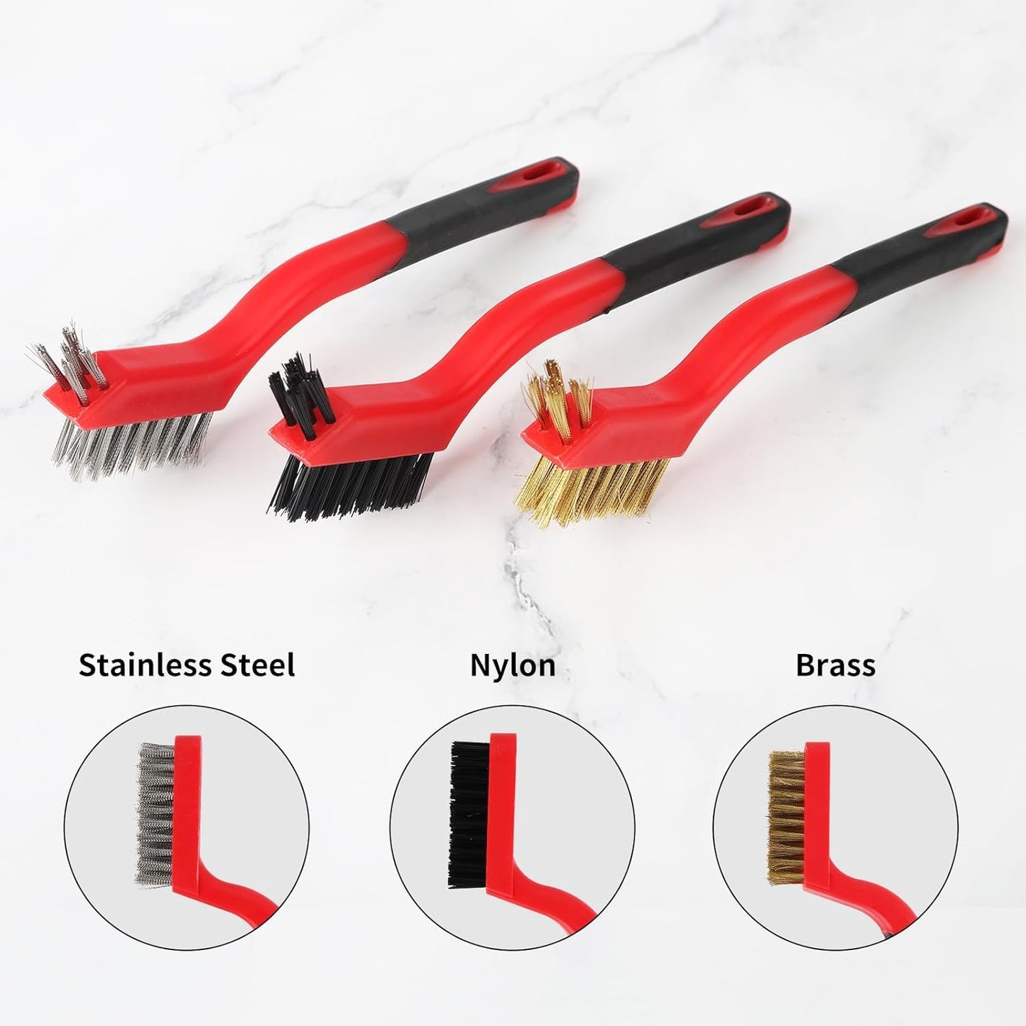 A A IN Wire Brush Set,6 Pcs Brass/Stainless Steel/Nylon Wire Brushes for Cleaning with Curved Handle Grip for Rust Removal, Dirt, Paint Scrubbing,7 Inches (Red)