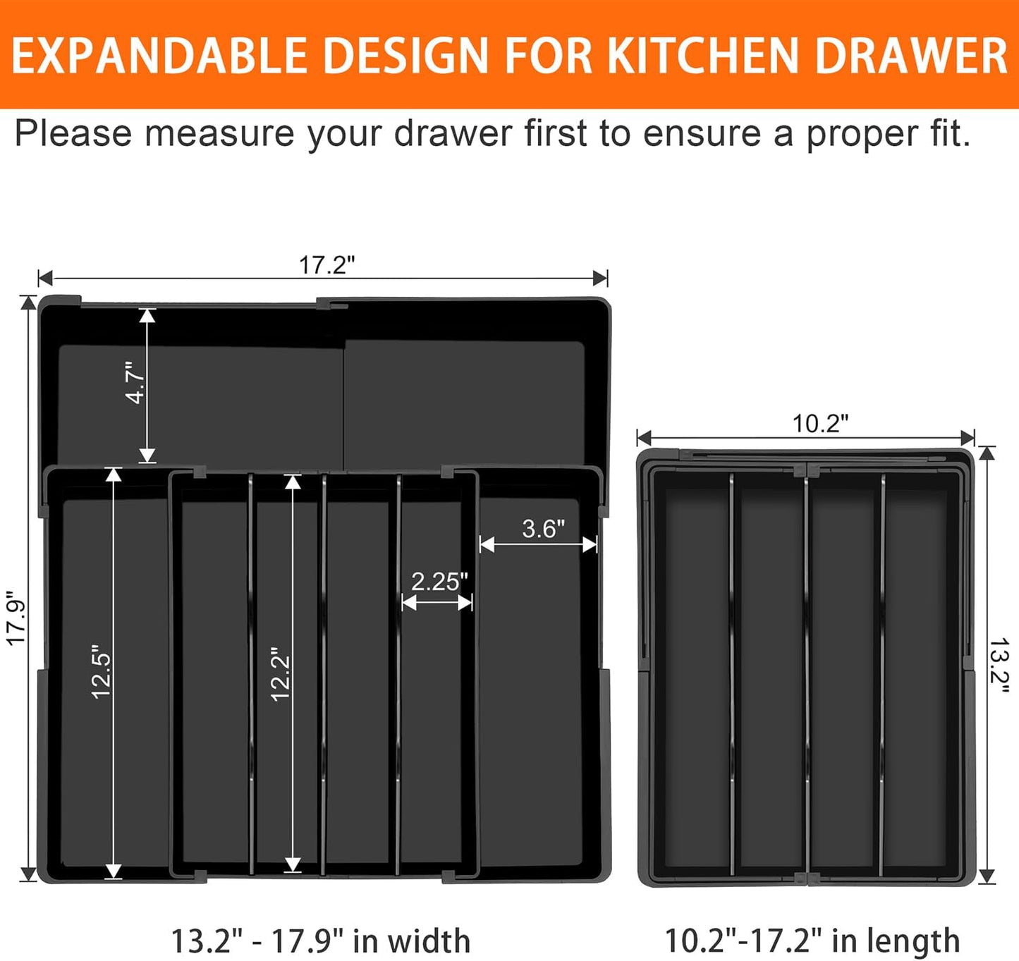 Silverware Organizer - Expandable Kitchen Drawer Organizer BPA-Free Silverware Drawer Organizer, Stackable Cutlery Tray for Forks, Knives, Slim Kitchen Organizers and Storage, Black, Large
