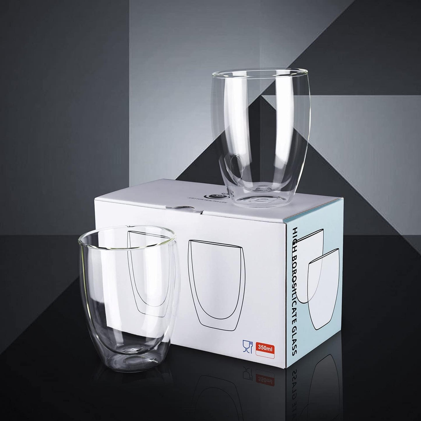 Glass Coffee Mugs Set of 2, Double Walled Clear Coffee Cups 12oz, Clear Latte Espresso Mugs for Milk Juice, Clear Glass Cappuccino Cup Glassware Gift for Christmas Birthday