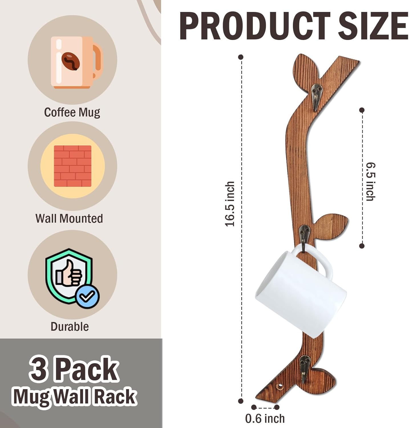 3 Pack Wood Coffee Mug Wall Rack with 9 Hooks Wall Mount Coffee Cup Holder Wooden Espresso Cup Holder Tree Brown Mug Stand Display Wall Mounted Cup Drying Rack for Kitchen Cafe