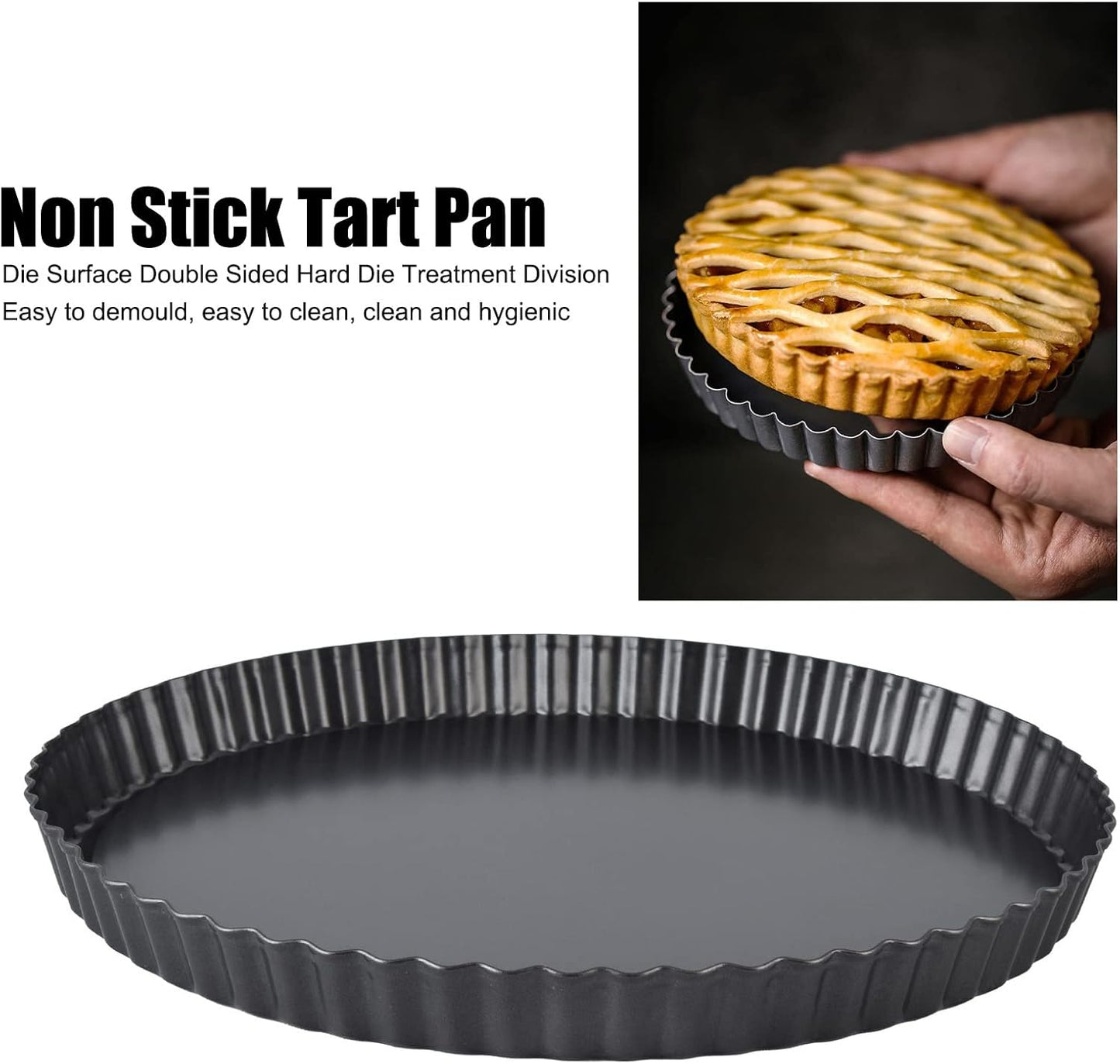Fluted Tart Pan with Removable Bottom, Carbon Steel Round Tart Pan, Deep Baking Dish Pie Plate for Cakes Pies ([Thickened] 12-inch live bottom pie plate)