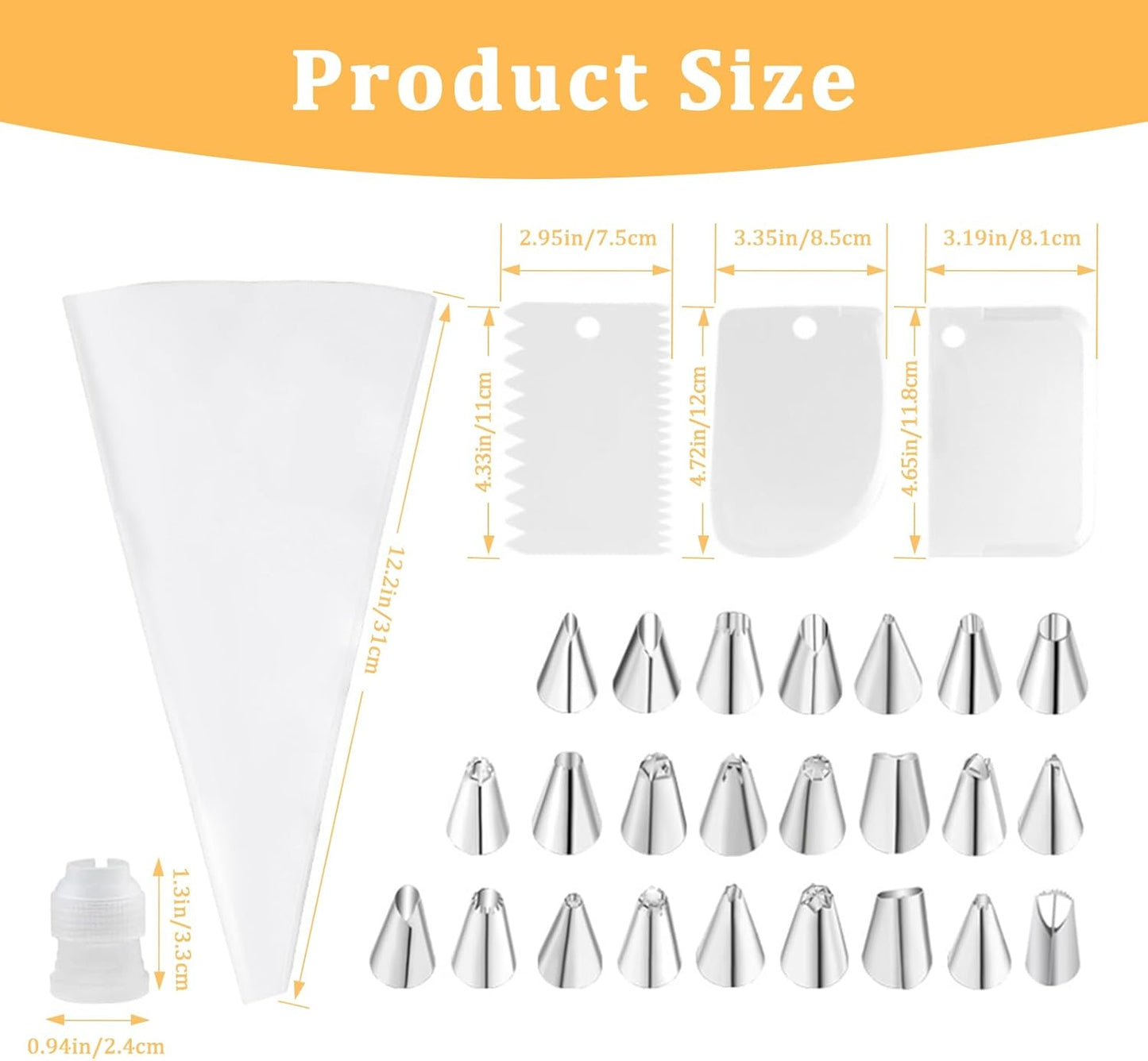 Stainless Steel Piping Tips Set with Reusable Piping Bags - Professional Icing Bags and Tips Set for Cake Decorating - Cupcakes, Cookies, Chocolate - Ultimate Cake Decorating Tips Kit (White)