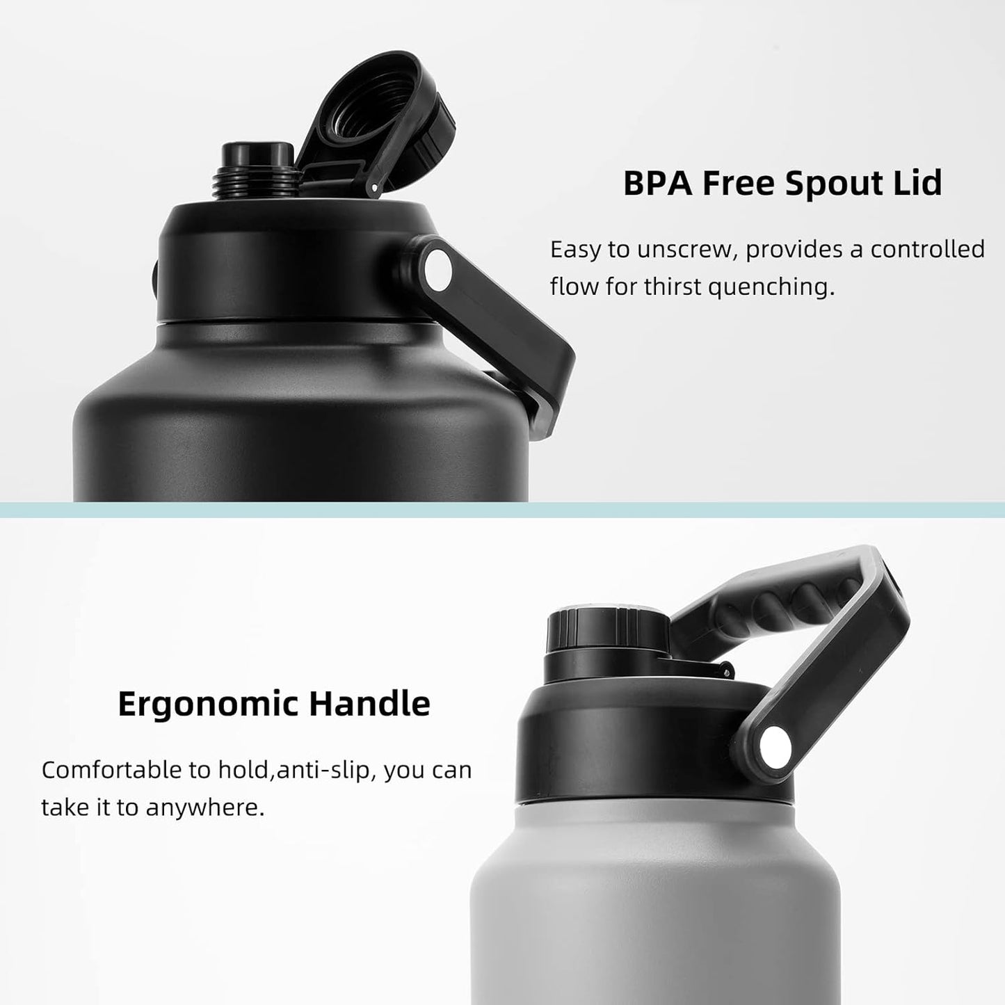 BJPKPK 64 oz Insulated Water Bottle, Dishwasher Safe Half Gallon Water Bottle with Ergonomic Handle, BPA Free Leak Proof Water Jug with Anti-slip Bottom, Stainless Steel Primary Color