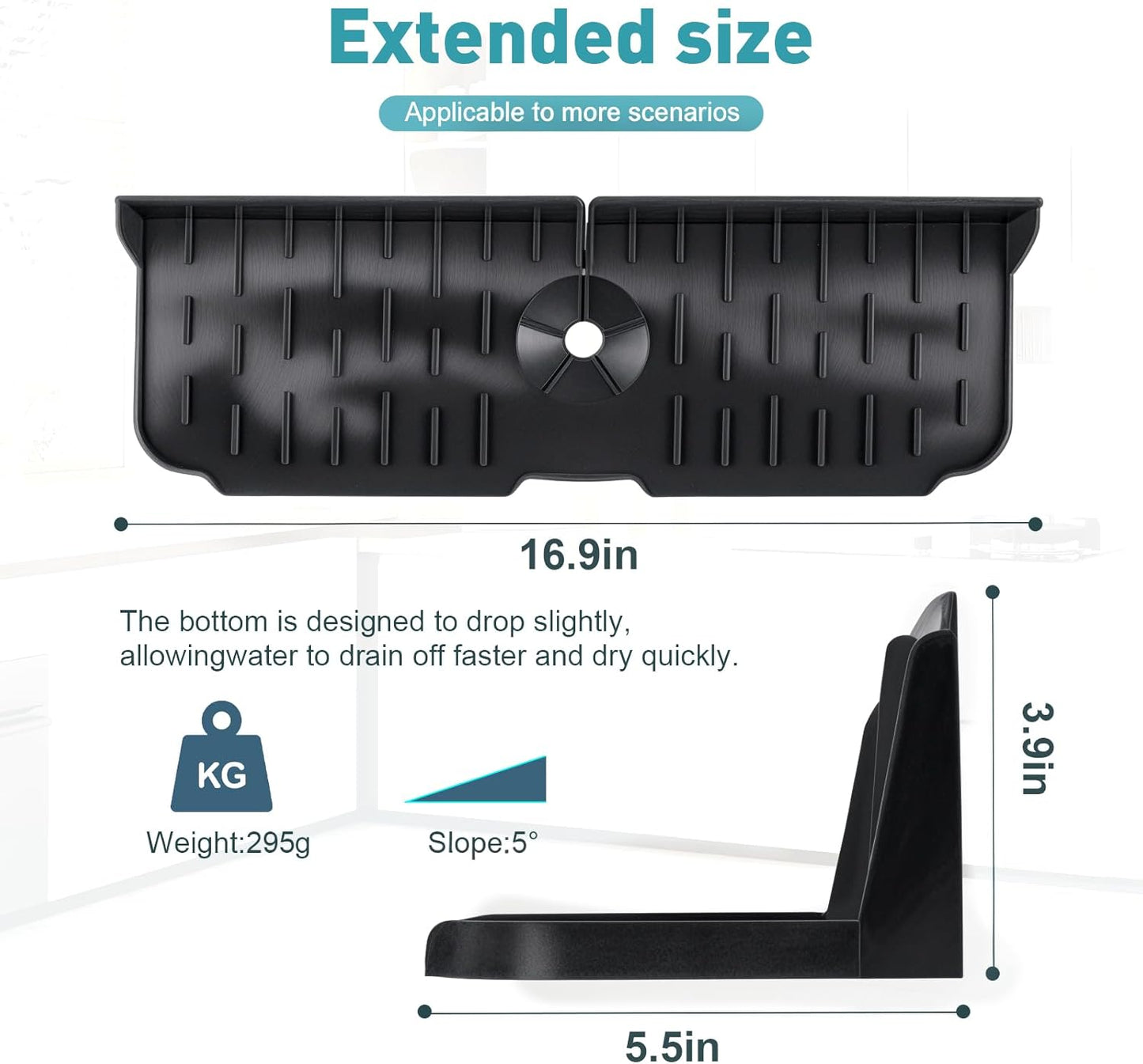 Silicone Kitchen Sink auto Drain Organizer, Kitchen countertop and Sink Splash Guard.Kitchen Sponge Rack and organizing Shelf，Suitable for Cleaning Tools, dispensers, Bottles, Cups (Black)