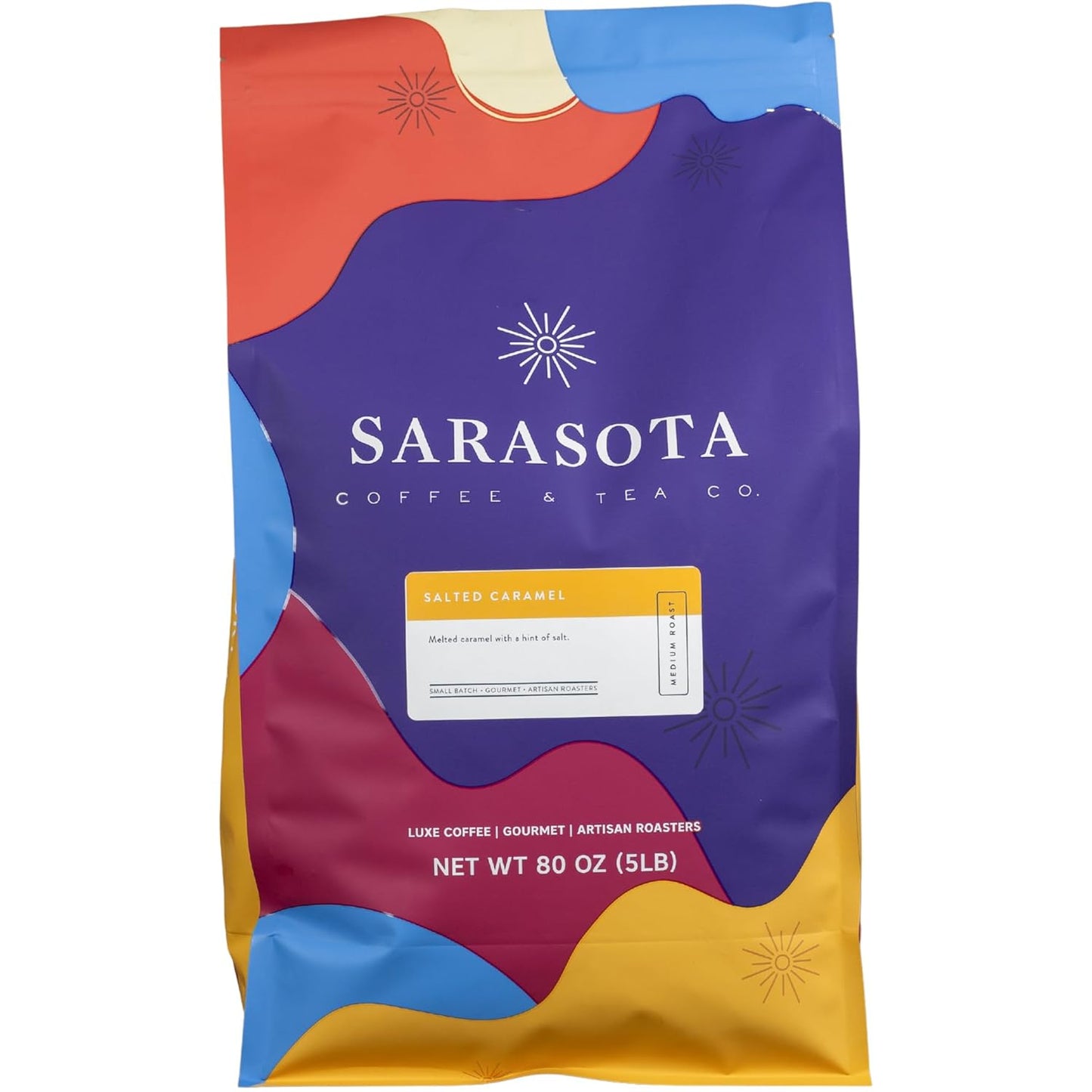 Sarasota Coffee Ground Salted Caramel | Medium Roast Gourmet Flavored Coffee Grounds | Low Acid, Mold Free, Specialty Grade Flavored Bulk Ground Coffee | 5lb (80 oz)