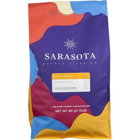 Sarasota Coffee Ground Salted Caramel | Medium Roast Gourmet Flavored Coffee Grounds | Low Acid, Mold Free, Specialty Grade Flavored Bulk Ground Coffee | 5lb (80 oz)