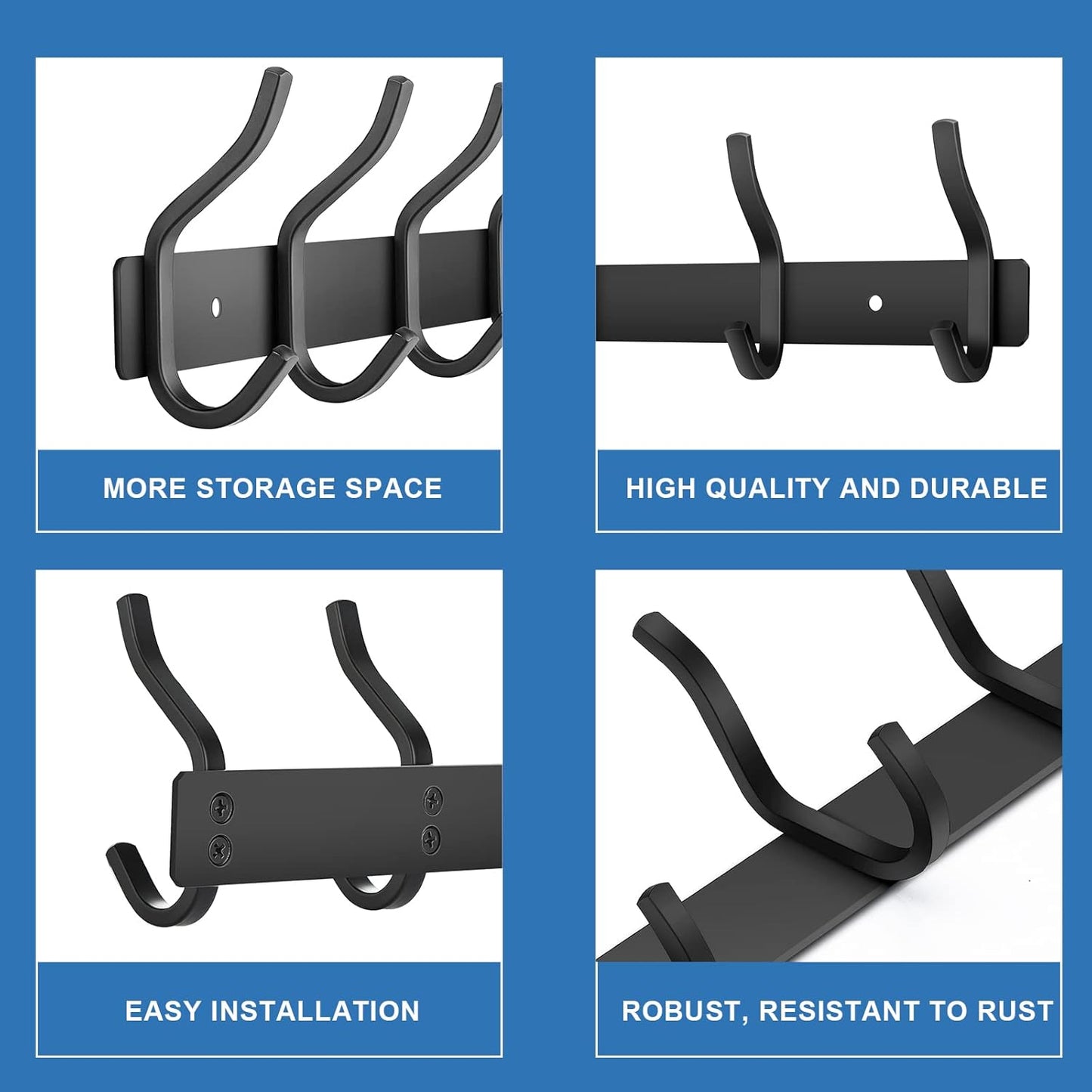 Wall Hooks Heavy Duty, 12 Inch Coat Rack Wall Mount with 4 Hooks, Black Wall Hooks for Hanging Backpack, Bag, Purse, Clothes, Hat, Coat, Towel | Entryway & Bathroom Storage Organization Hanger