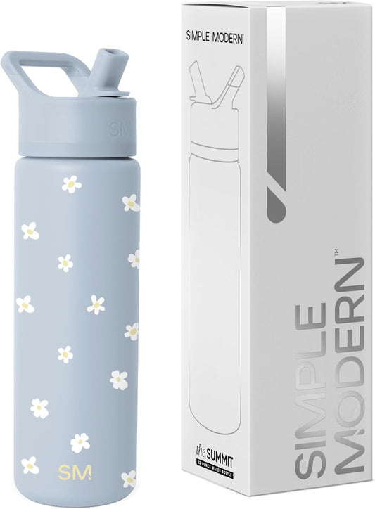 Simple Modern Water Bottle with Straw Lid | Vacuum Insulated Stainless Steel Metal | Reusable Leak Proof BPA-Free Cup for School | Summit Collection | 22oz, Sweet Daisy on Blue