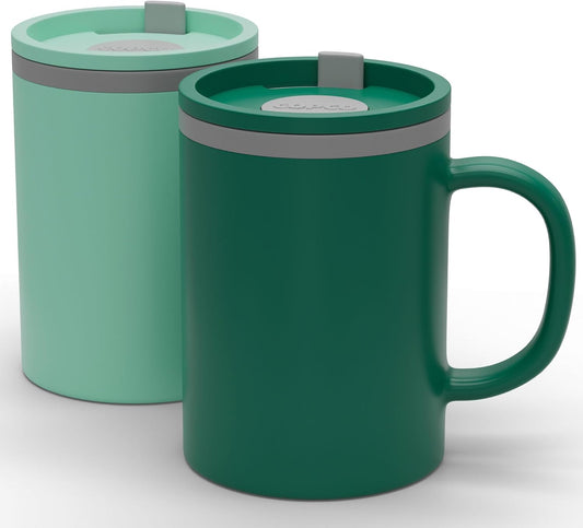 Copco Iconic 16oz Double Wall Insulated Desk Mug with Lid & Handle, Set of 2, BPA-Free Reusable Plastic, Spill-Proof, Microwave & Dishwasher Safe, Wide Mouth, Cup Holder Friendly (Green/Hunter Green)