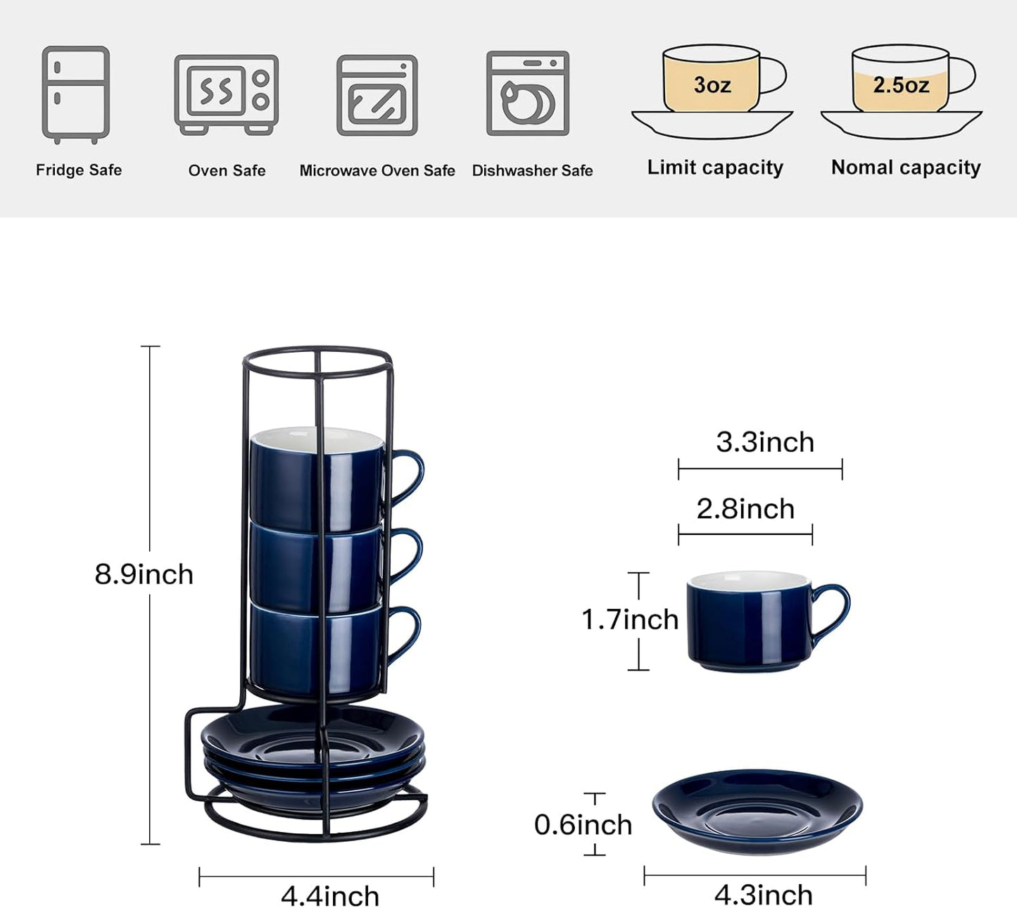 2.5oz Porcelain Stackable Espresso Cups with Saucers and Metal Stand Set of 4, Stackable Cappuccino Cups, Blue Expresso Shots Cup Set for Coffee Drinks, Latte, Tea