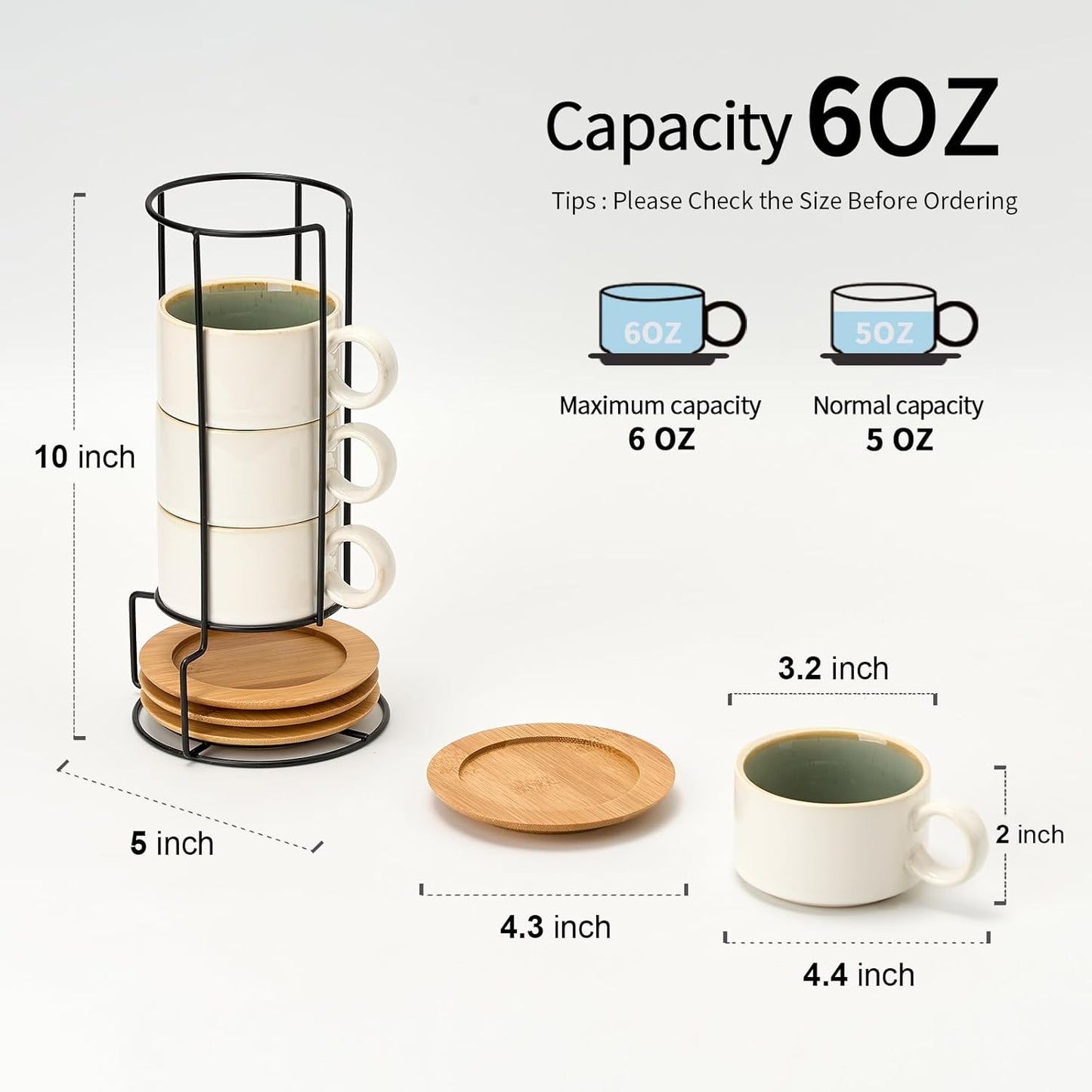 LUKA 6 Ounce Porcelain Stackable Espresso Cups with Saucers and Metal Stand Set of 4, Ceramic Cappuccino Cups Set for Specialty Coffee Drinks, Latte, Cafe Mocha and Tea, White Green Interior