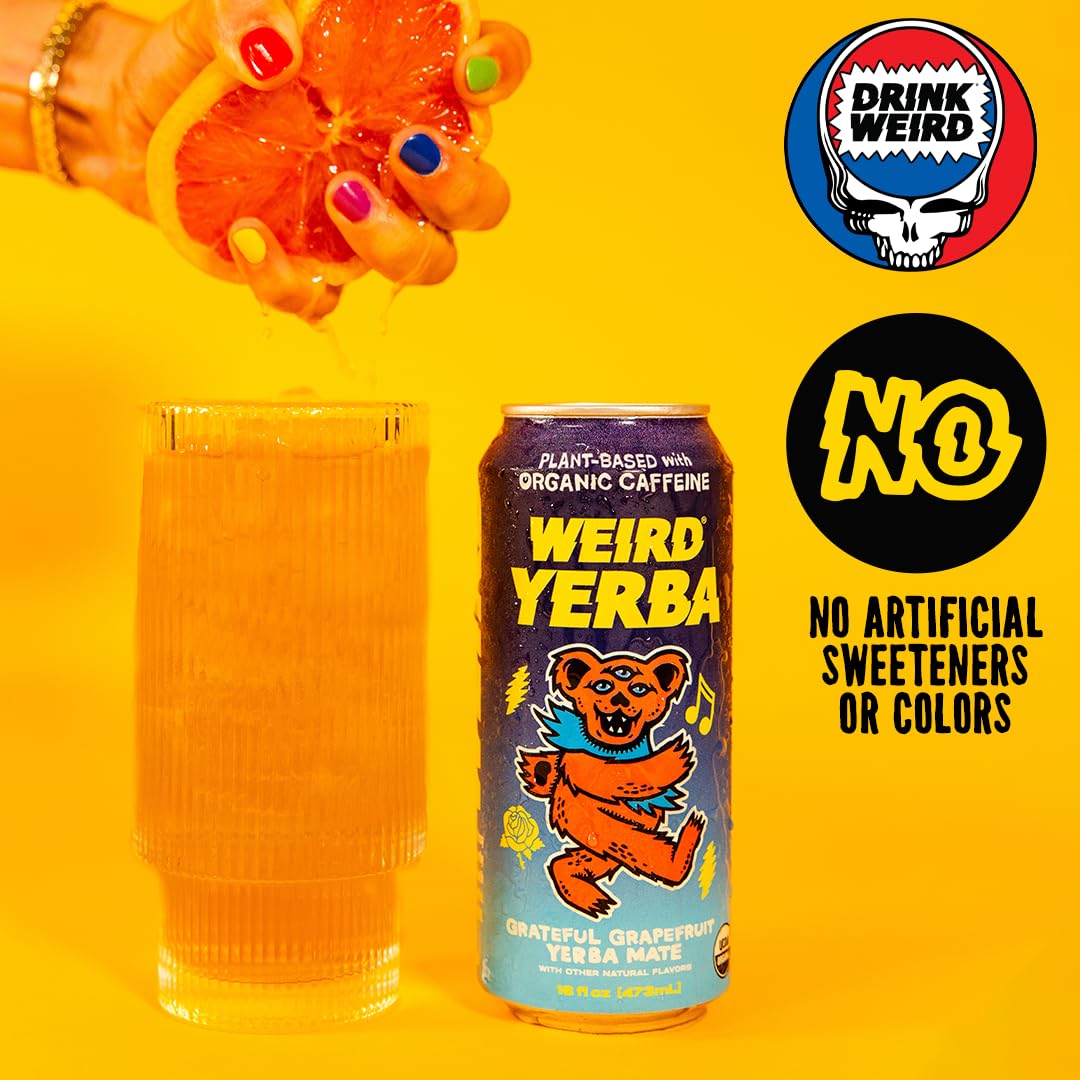 Drink Weird Organic Grateful Grapefruit Yerba Mate – 16oz Cans, 160mg Organic Caffeine, Pack of 12 – Grateful Dead Collab, Healthy Energy Drink Alternative