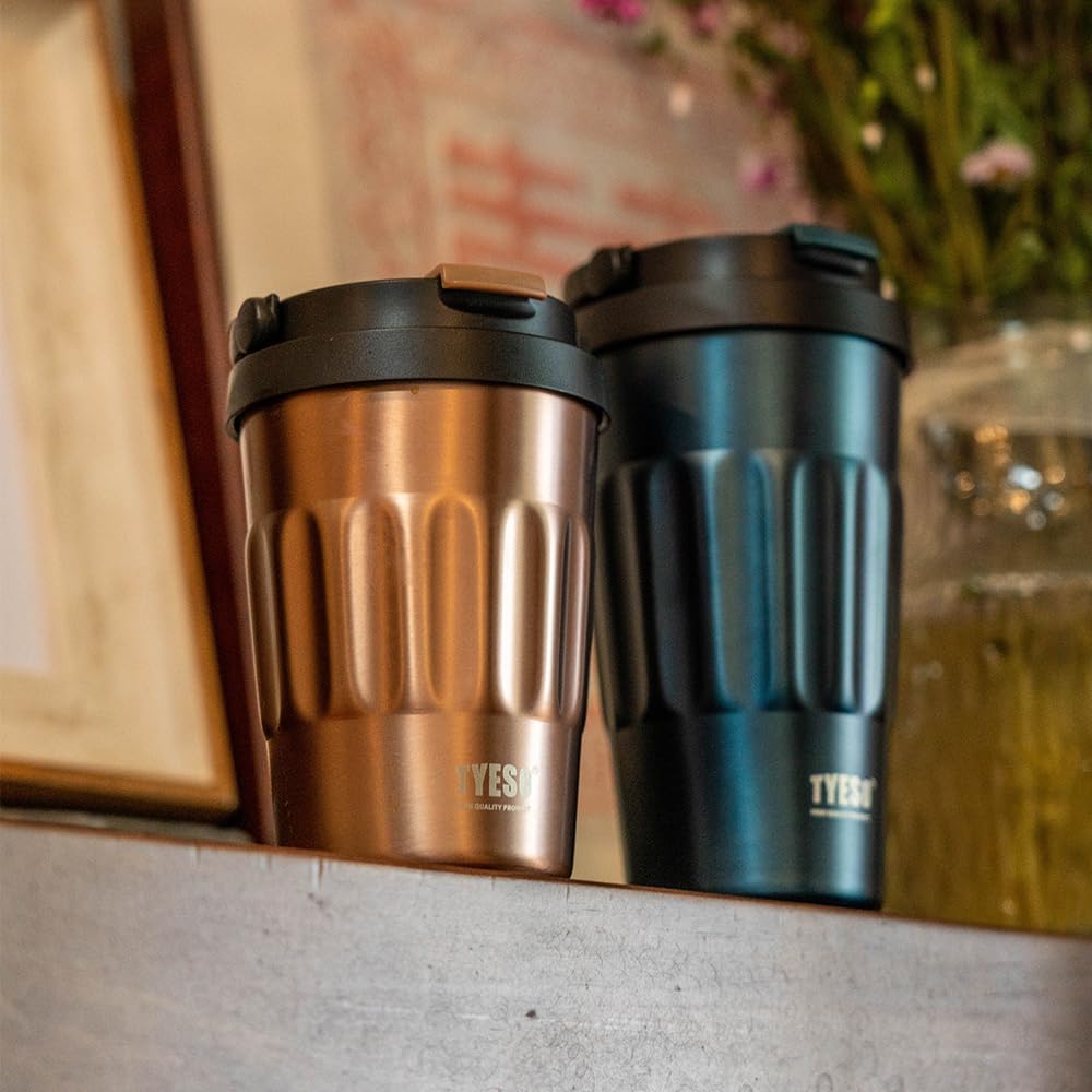 TYESO Stainless Steel Portable Tumbler with Flip Lid,Travel Mug with Concealed Carry Handle, Leakproof Insulated Coffee Cup (GRAY, 13 OZ)