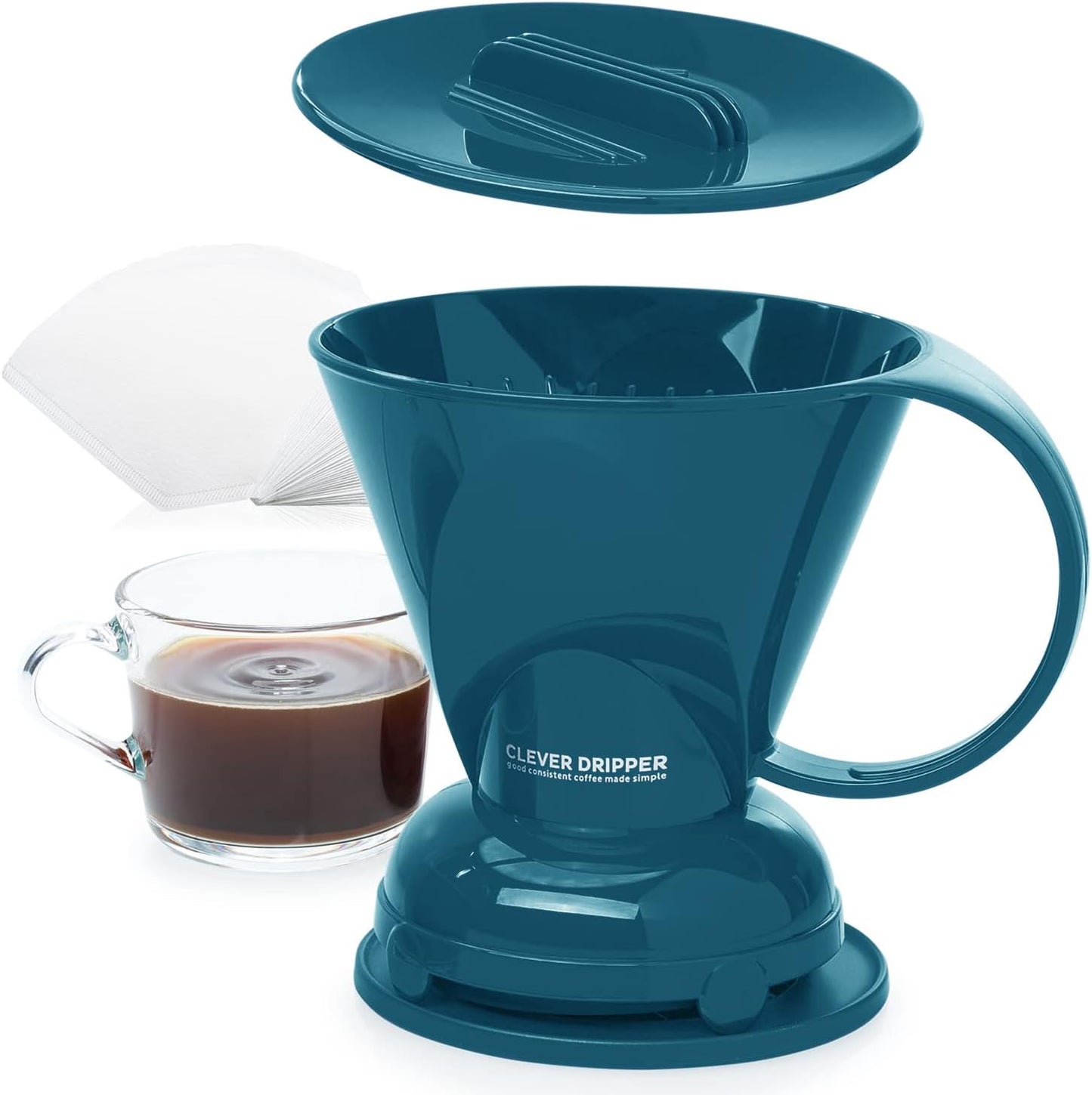 Clever Coffee Dripper and Filters, Large 18 oz| Barista's Choice| Safe BPA Free Plastic|Includes 100 Filters (Peacock Blue)