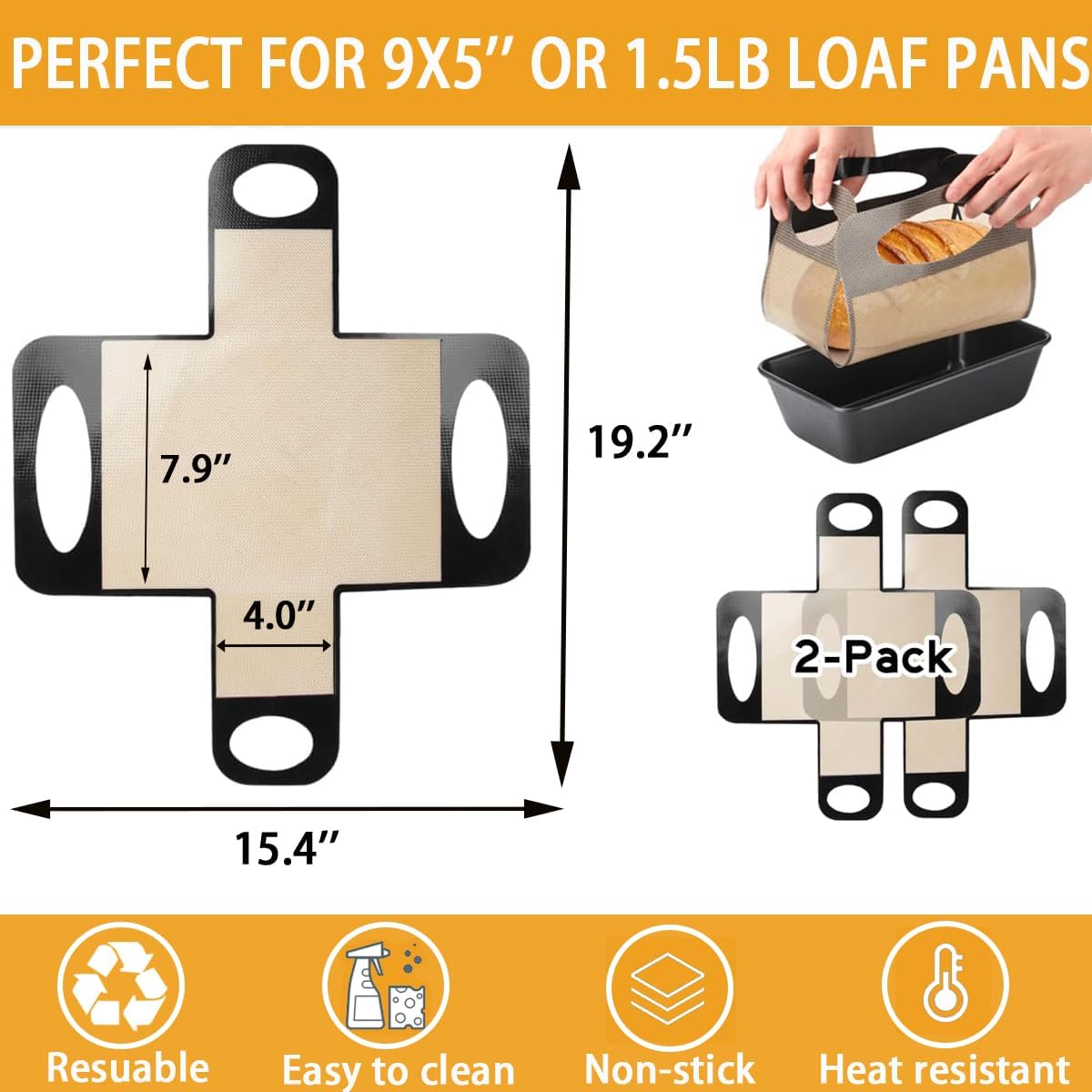 Silicone Bread Sling Mat - Reusable Sourdough Bread Making Loaf Pan Lifter Liner Non-stick & Easy Clean Dough Transfer Mats with 4 Handles Fits for 9x5" or 1.5lb Loaf Pans