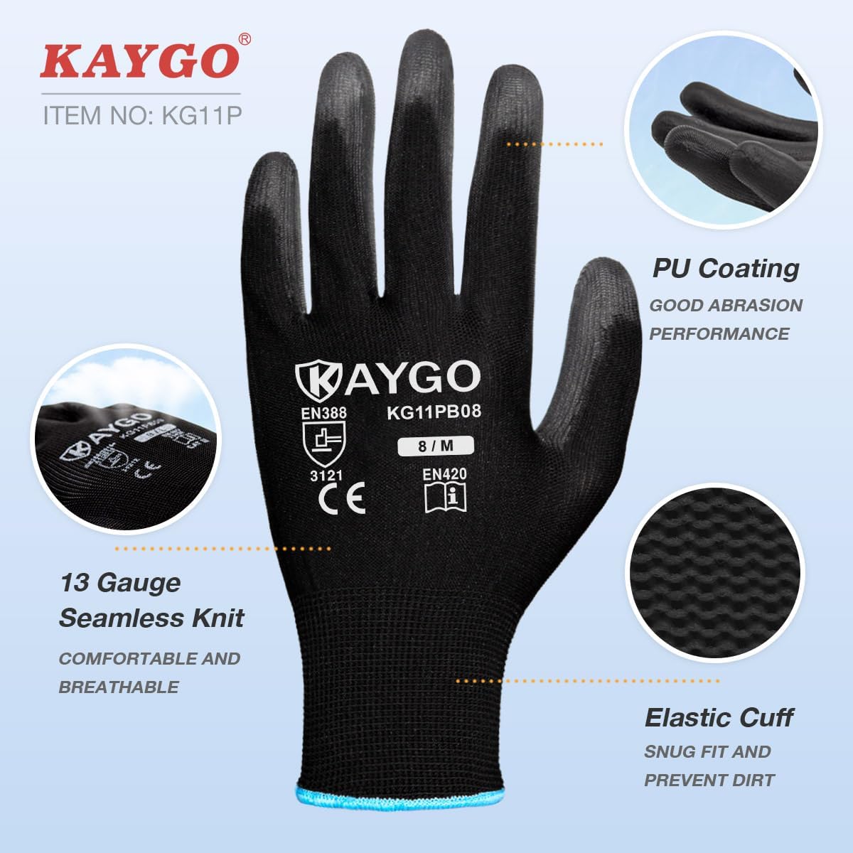 KAYGO Safety Work Gloves PU Coated,60 Pairs KG11PB Seamless Knit Glove for Men and Women, with Smooth Grip on Palm and Fingers, Ideal for General Duty Work (Small, Black)