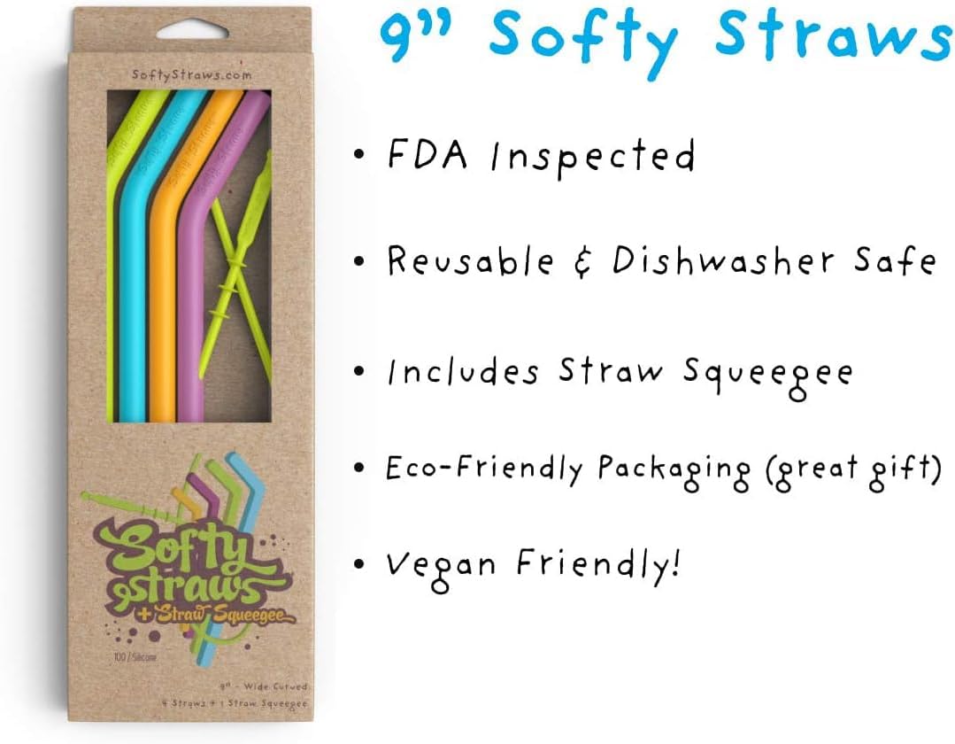 Wide Premium Reusable Silicone Drinking Straws + Patented Straw Squeegee - 9” Long With Curved Bend for 20 30 32 oz Tumblers Non Rubber, Flexible, Safe for Kids/Toddlers, Smoothie