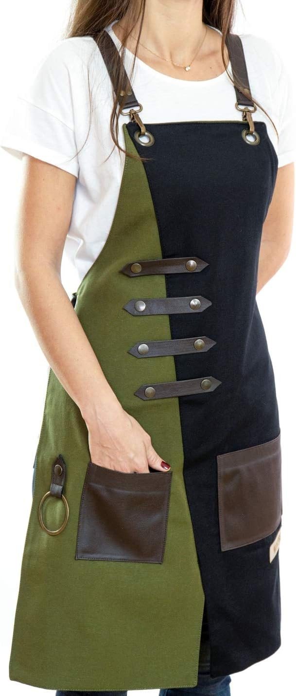 Apron for Women and Men Waterproof Canvas Extra Pocket for Chef Barista Gardening BBQ Grilling Crossback Unisex