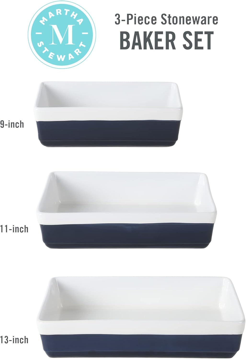 MARTHA STEWART 3 Piece Oven to Table Stoneware Bakeware, Baking Dish & Casserole Set Cobalt Blue